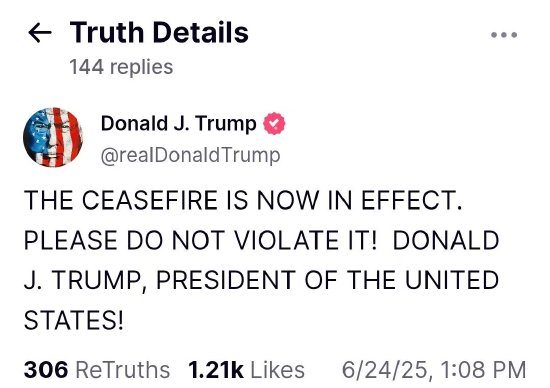 实盘配资炒股 特朗普称停火之约现已生效 警告不要违反